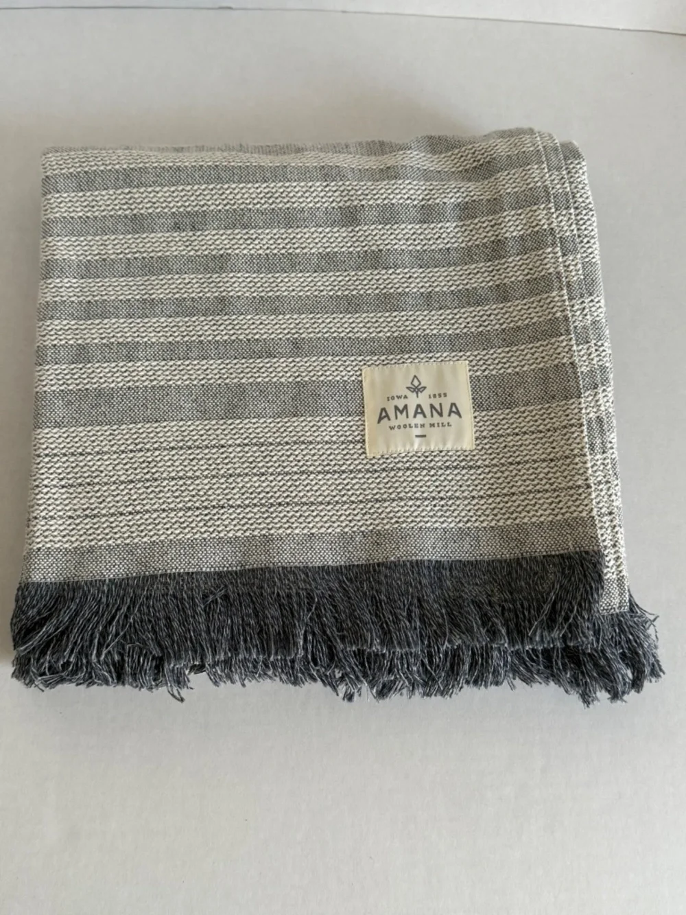 NEW! Amana Woolen Mill 100% Cotton Throw (Color: Gray/Blue/White)